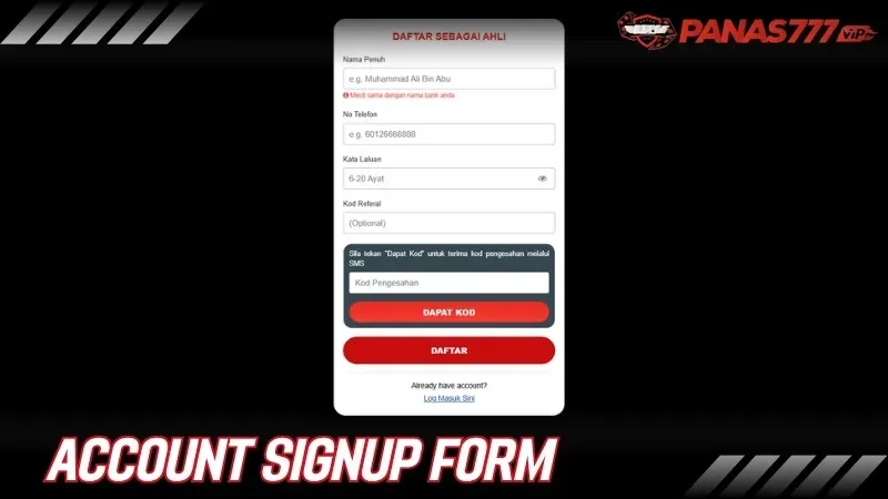 Panas777 register page with account signup form